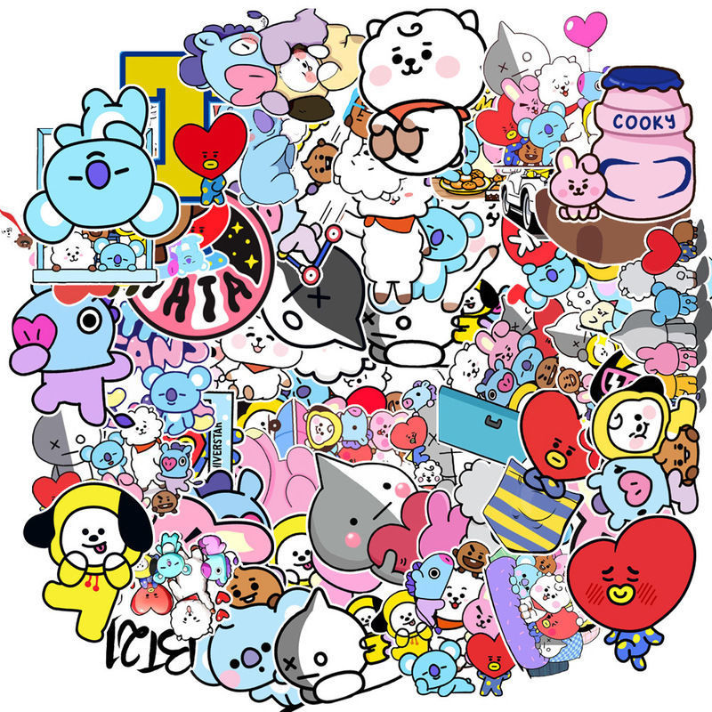 50 Pieces Btss Graffiti Stickers Anime Figures Rj Tata Chimmy Girls Suitcase Car Refrigerator Helmet Stickers - BT21 Plush