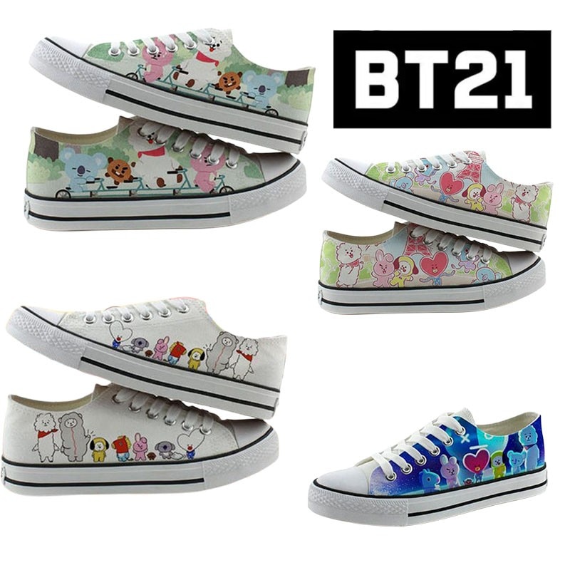 Bt21 Kpop Low Top Canvas Shoes Anime Figure Women Shoes Korean Student White Shoes All Match - BT21 Plush