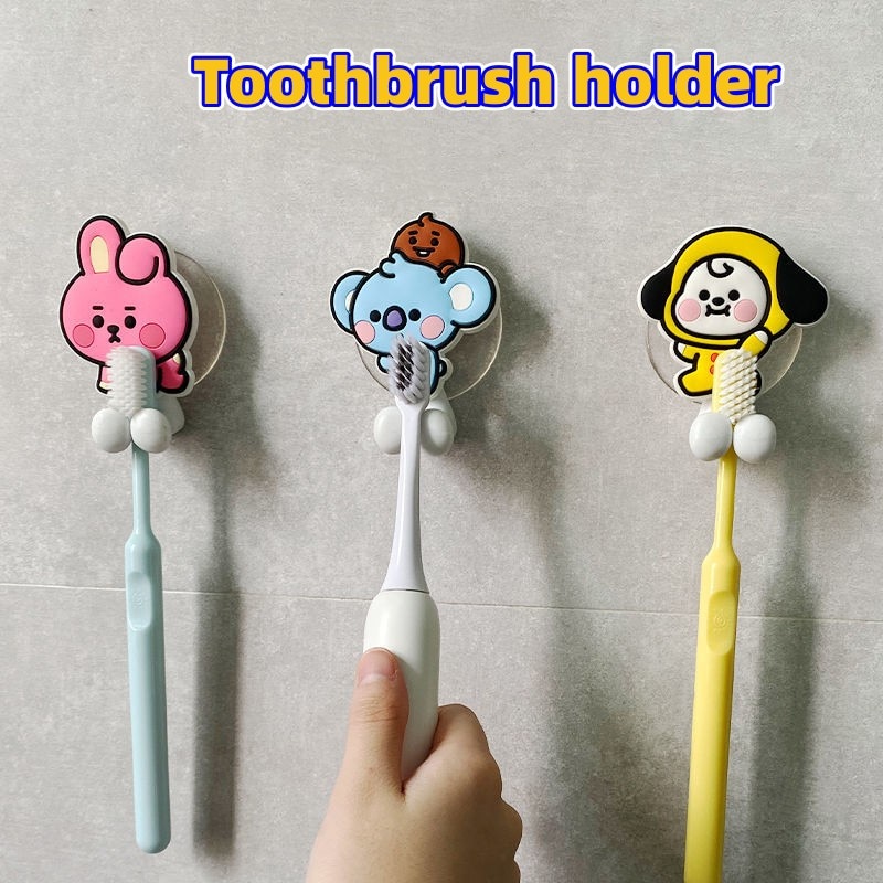Kpop Bt21 Toothbrush Holder Anime Plush Doll Seamless Paste Bathroom Free Punching Wall Mounted Holder Storage - BT21 Plush